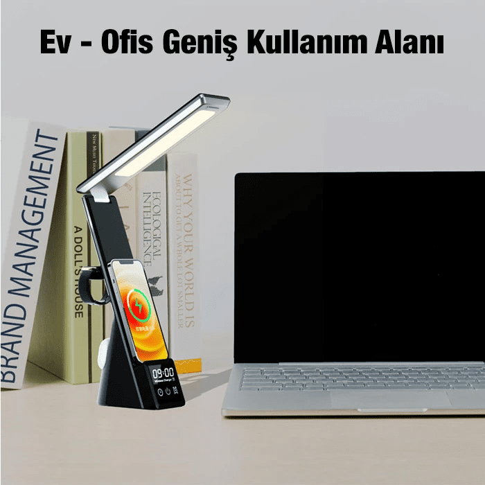ALLY Dijital Saatli 15W Kablosuz Şarjlı LED Işıklı Katlanabilir Masa Lambası-(5775)