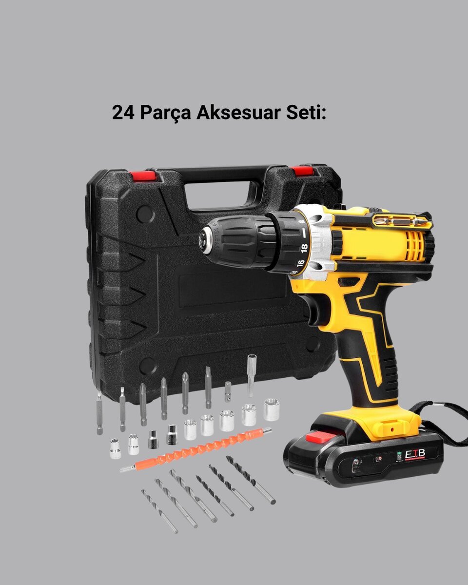 24 Parça Çift Bataryalı Akülü Darbeli Matkap – Güçlü Motor Metal Dişli LED Işıklı