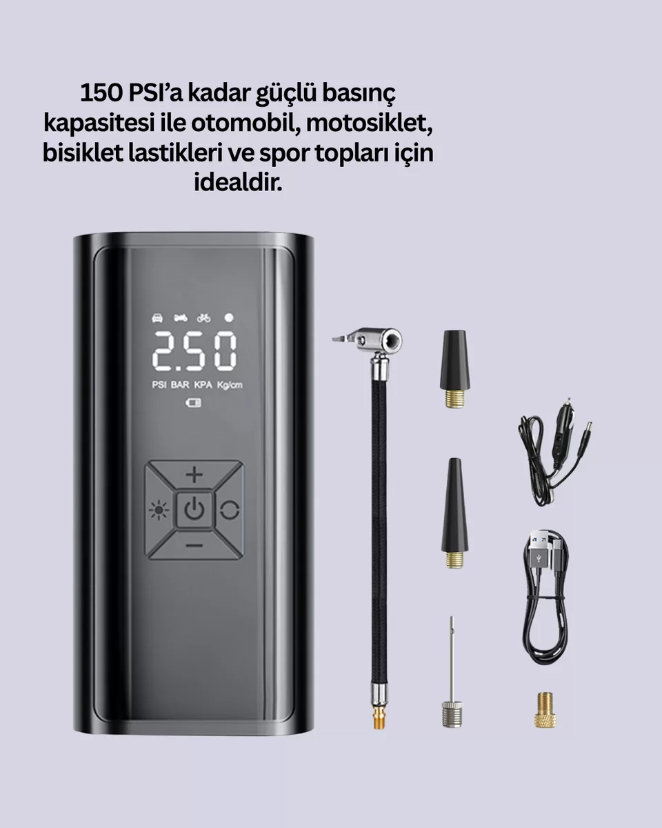 12V Uyumlu Çok İşlevli Akıllı Araç Lastik Pompası Yeni Nesil