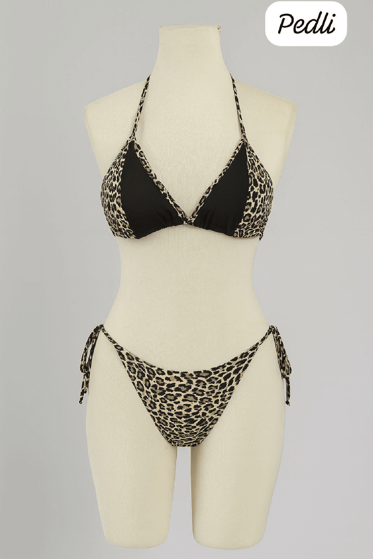 Kadın Siyah ve Leopar Detaylı Yandan Bağlamalı Bikini Takımı