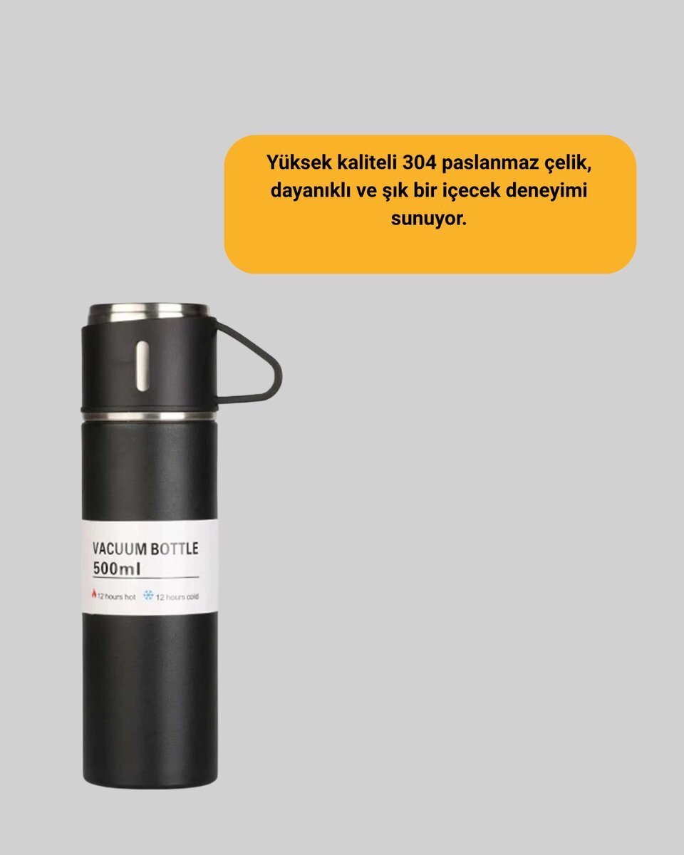 Isıyı Uzun Süre Koruyan 500 ml Termos Seti | Çelik Gövde 2 Bardaklı Hediye Kutulu